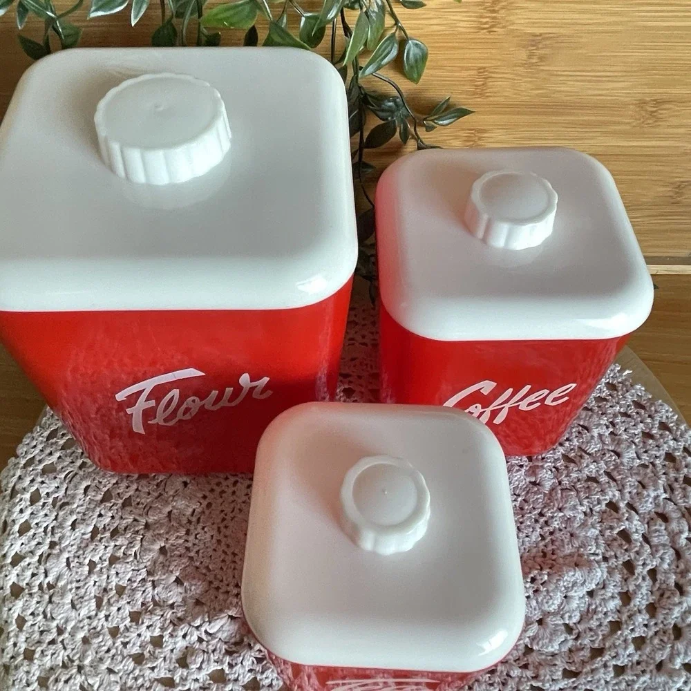 VTG Red Lustro Ware Canister Set MCM Plastic Flour Tea Coffee 1950s Display READ